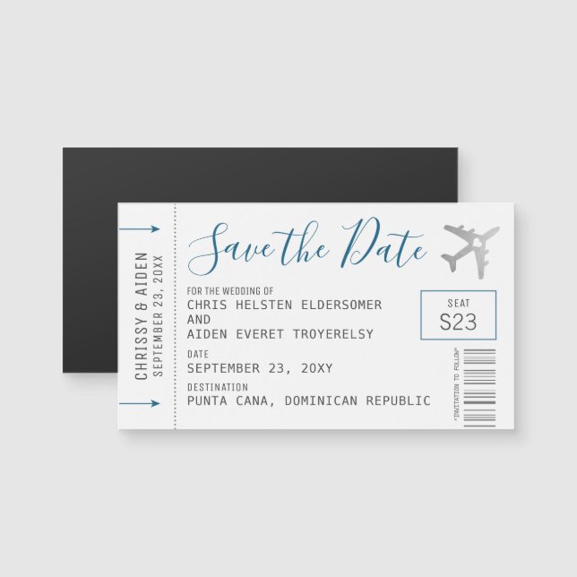 Magnetic Mini Boarding Pass Save the Date Silver (Voorkant / Achterkant)