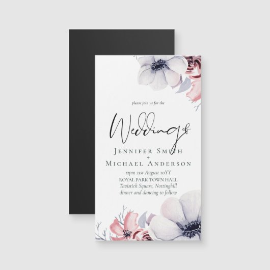 Magnetic Navy Blue Coral Floral Script Weduwset (Voorkant / Achterkant)