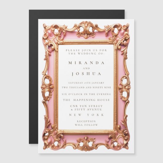 MAGNETIC Pink Gold Ornate Filigree Frame Magnetische Uitnodiging (Voorkant / Achterkant)