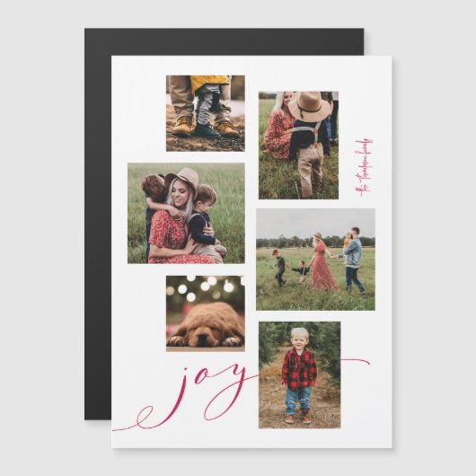 Magnetic Red Script Joy Multi-Photo Holiday Card (Voorkant / Achterkant)