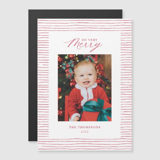 Magnetic Red Striped so Zeer Merry Photo Card (Voorkant / Achterkant)