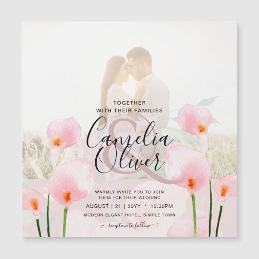 MAGNETIC Roze Calla Lily PHOTO Wedding Invite (Voorkant)
