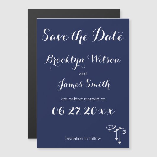 Magnetisch Navyblauw Save The Date Met Hartjes Magnetische Uitnodiging (Voorkant / Achterkant)
