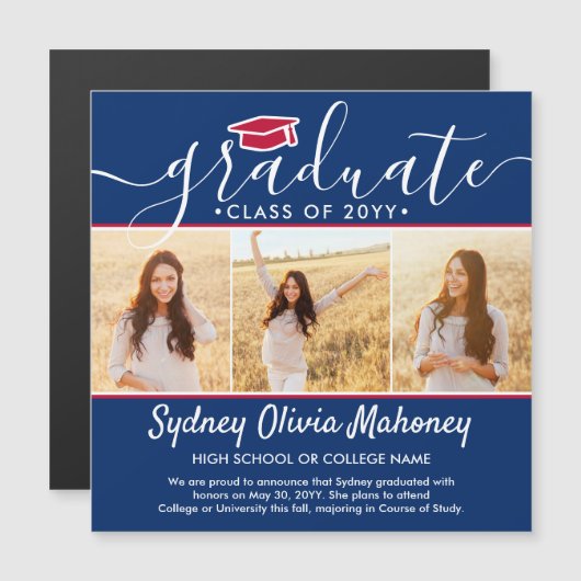 Magnetisch rood wit en blauw Afstuderen Magnetische Uitnodiging (Voorkant / Achterkant)