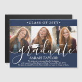 Magnetische 3 foto Navy Blue Afstuderen Aankondigi Magnetische Uitnodiging (Voorkant / Achterkant)