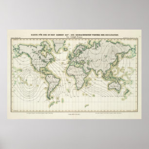 Magnetische declinatie in de wereld poster