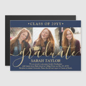 Magnetische foto Navy & Gold Afstuderen aangekondi Magnetische Uitnodiging (Voorkant / Achterkant)