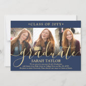 Magnetische foto Navy & Gold Afstuderen aangekondi Magnetische Uitnodiging (Voorkant)