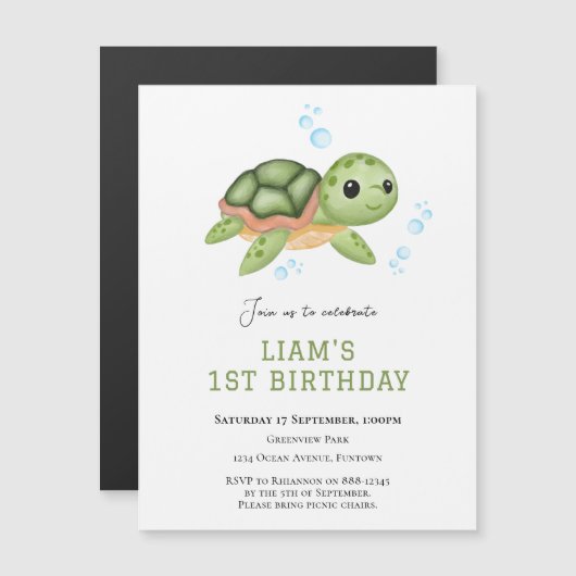 Magnetische Schildpad Onderzee eerste verjaardag Uitnodiging (Voorkant / Achterkant)