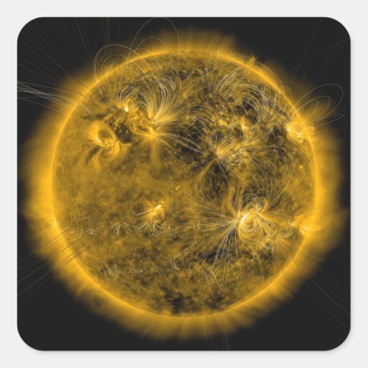 Magnetische veldlijnen op de zon vierkante sticker (Voorkant)