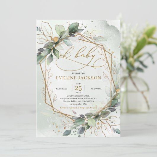 Magnificant boho greendy verlaat goud oh baby kaart (Staand voorkant)