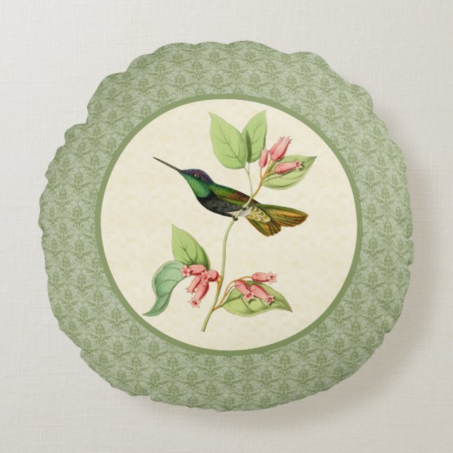 Magnificant Hummingbird Damask Round Pillow Rond Kussen (Voorkant)
