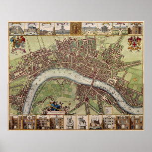 Magnificante 17e-eeuwse kaart van Londen Engeland Poster