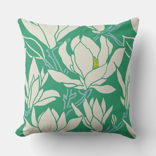 Magnolia-afbeelding in groen patroon kussen (Voorkant)