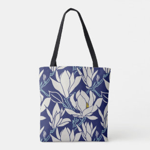 Magnolia-afbeelding in indigopatroon tote bag
