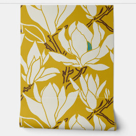 Magnolia afbeelding in mosterd patroon behang