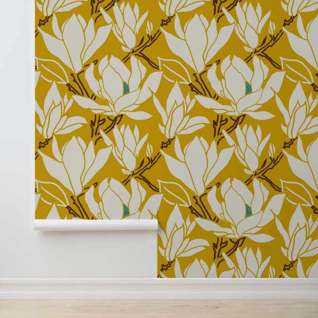 Magnolia afbeelding in mosterd patroon behang (Applicatie)