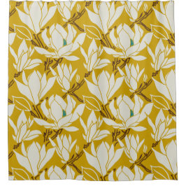 Magnolia afbeelding in mosterd patroon douchegordijn