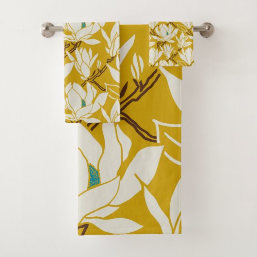 Magnolia afbeelding in mosterdpatroon bad handdoek (Insitu)
