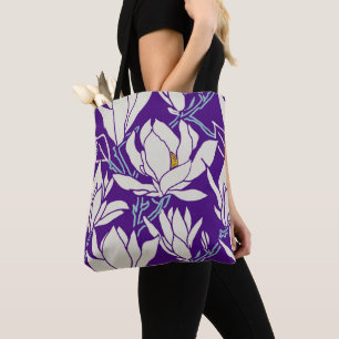 Magnolia-afbeelding in paarse patroon tote bag