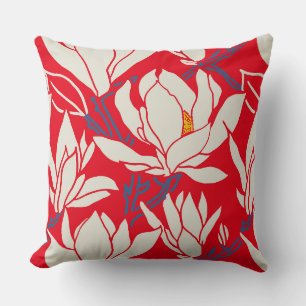 Magnolia-afbeelding in rood patroon kussen