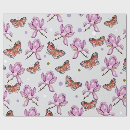 Magnolia and butterflies, watercolor pattern cadeaupapier (Vlak)