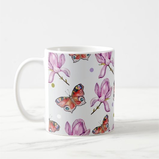 Magnolia and butterflies, watercolor pattern koffiemok (Links)