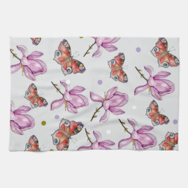 Magnolia and butterflies, watercolor pattern theedoek