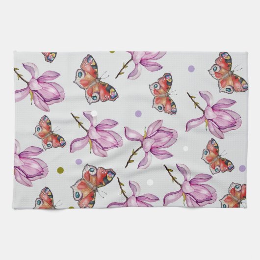 Magnolia and butterflies, watercolor pattern theedoek (Horizontaal)
