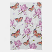 Magnolia and butterflies, watercolor pattern theedoek (Verticaal)