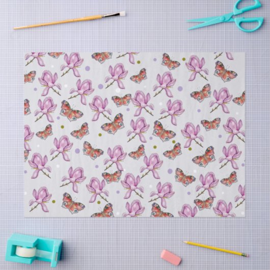 Magnolia and butterflies, watercolor pattern tissuepapier (Craft)