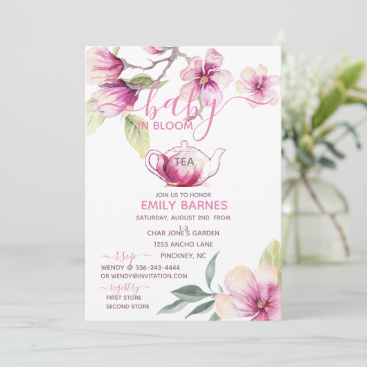 Magnolia Baby in Bloom Thee Uitnodiging (Staand voorkant)