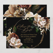 Magnolia Black Gold Wreator Floral Save the Date i Kaart (Voorkant / Achterkant)