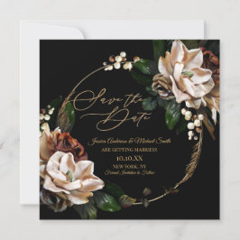 Magnolia Black Gold Wreator Floral Save the Date Kaart
