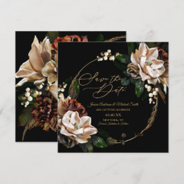 Magnolia Black Gold Wreator Floral Save the Date Kaart