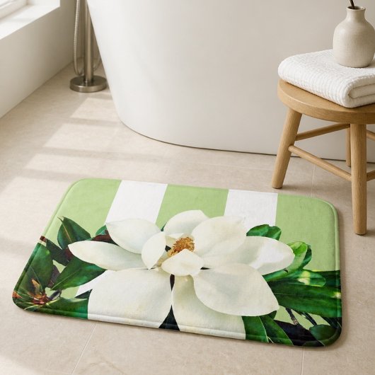 Magnolia Bloei | Groene en Witte Gestreepte Badmat