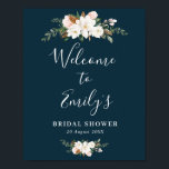 Magnolia bloem blauwe bruidsdouche welkomstbord poster<br><div class="desc">Mooie witte magnolia waterverf bloemen en script tekst. De tekst en kleuren op dit bord poster kunnen worden bewerkt.</div>