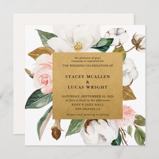 Magnolia Bloem Gouden Uitnodigingen (Voorkant / Achterkant)