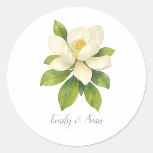 Magnolia Bloem Huwelijk Monogram Ronde Sticker (Voorkant)