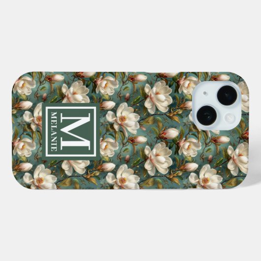 Magnolia Bloem Patroon Naam en Monogram Case-Mate iPhone Case (Achterkant (horizontaal))