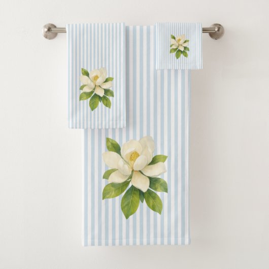 Magnolia Bloem Schildering Blauwe Streep Bad Handdoek (Insitu)