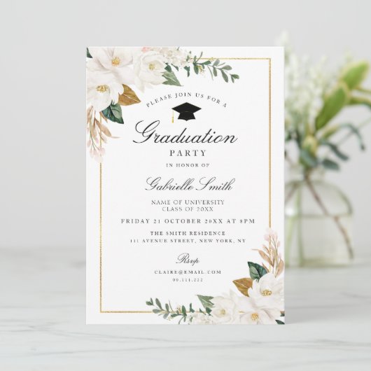 Magnolia bloemen afstudeerfeest uitnodiging (Staand voorkant)