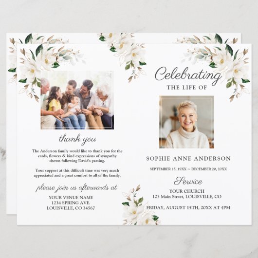 Magnolia Bloemen Begrafenisdienst Fotoprogramma (Voorkant / Achterkant)