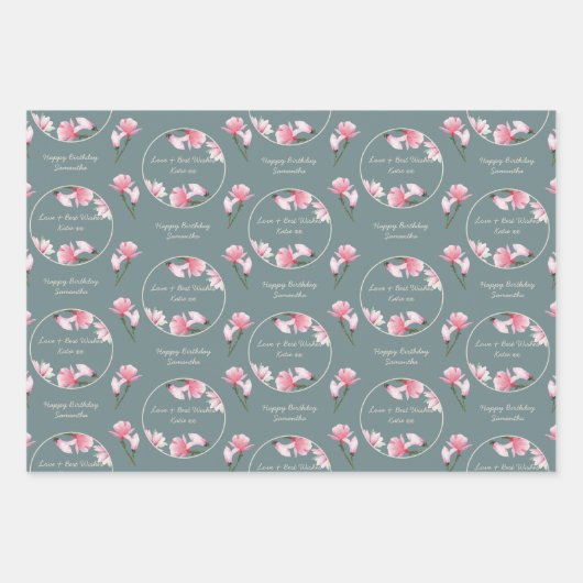 Magnolia Bloemen Bewerkbare gelegenheden Set van 3 Inpakpapier Vel (Voorkant 3)