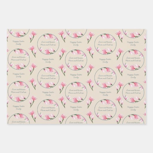 Magnolia Bloemen Bewerkbare gelegenheden Set van 3 Inpakpapier Vel (Voorkant 2)