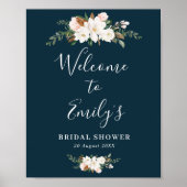 magnolia bloemen blauwe bruiloft welcome bord poster (Voorkant)