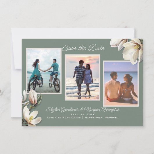 Magnolia Bloemen Drie Foto Bruiloft Save the Date (Voorkant)