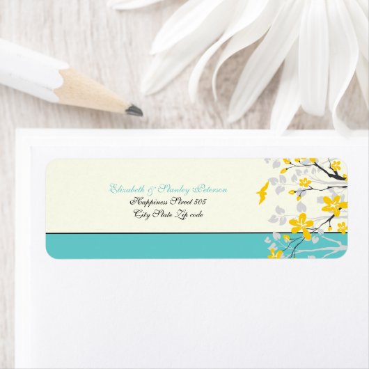 Magnolia bloemen geel turquoise bruiloft label (Insitu)