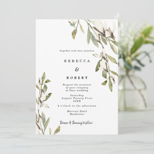 Magnolia bloemen moderne bruiloft uitnodiging (Staand voorkant)