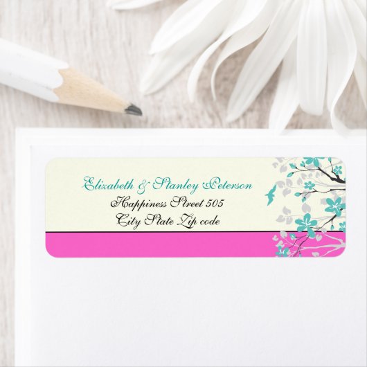 Magnolia bloemen turquoise, heet roze bruiloft lab etiket (Insitu)